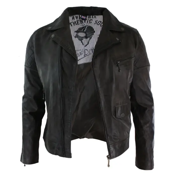 Mens Vintage Washed Tan Brown Real Leather Biker Jacket Cross Zip Retro Casual - Image 31