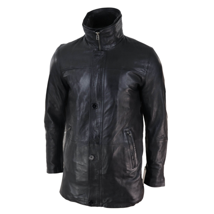 Mens 3/4 Long Real Leather Safari Jacket Classic Car Coat Zip Button Cover - Image 4