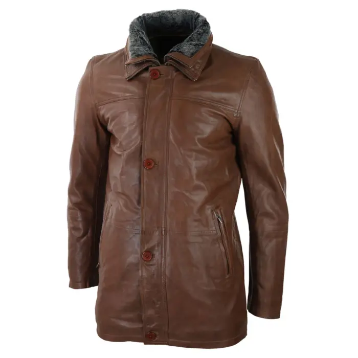 Mens 3/4 Long Real Leather Safari Jacket Classic Car Coat Zip Button Cover - Image 9
