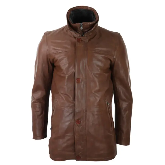 Mens 3/4 Long Real Leather Safari Jacket Classic Car Coat Zip Button Cover - Image 10