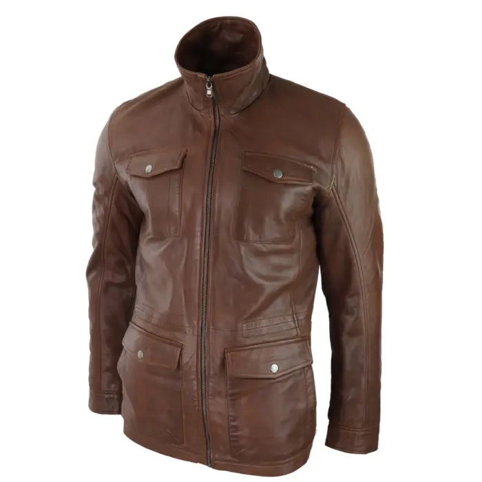 Mens Tan Brown 3/4 Jacket Real Leather Safari Hunting Country Coat Classic - Image 4