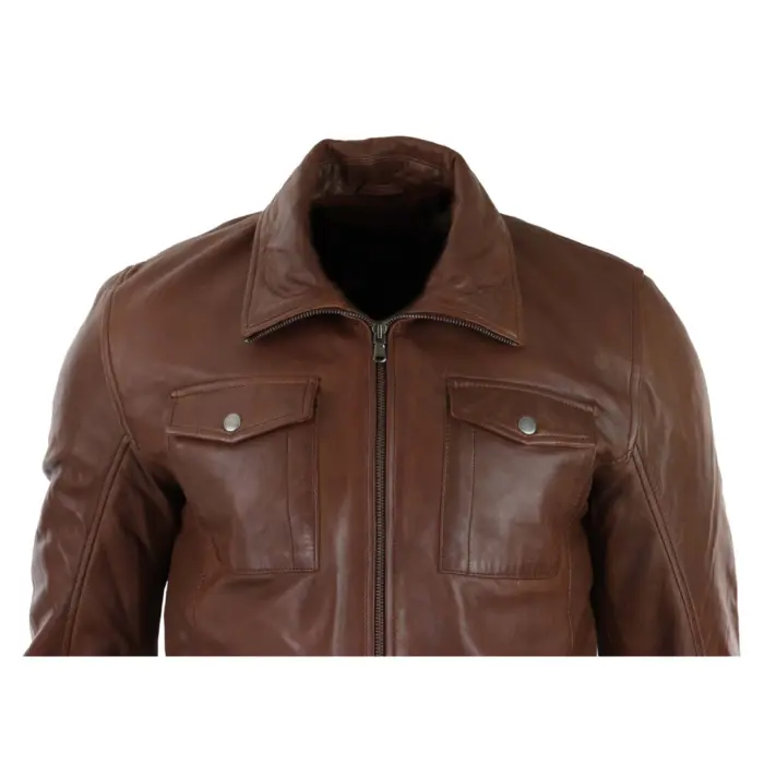 Mens Tan Brown 3/4 Jacket Real Leather Safari Hunting Country Coat Classic - Image 5