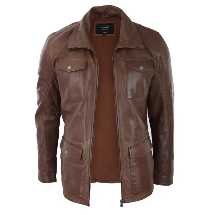 Mens Tan Brown 3/4 Jacket Real Leather Safari Hunting Country Coat Classic - Image 6