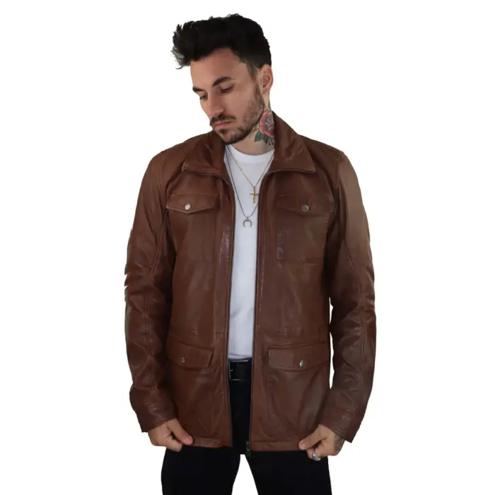 Mens Tan Brown 3/4 Jacket Real Leather Safari Hunting Country Coat Classic - Image 2