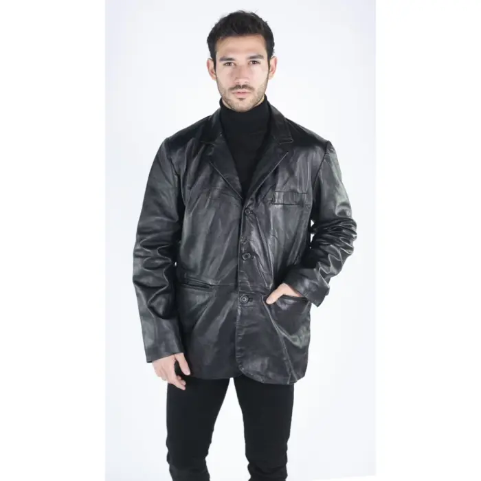 Mens Real Leather Jacket Black Smart Casual Classic Blazer Retro Vintage - Image 2