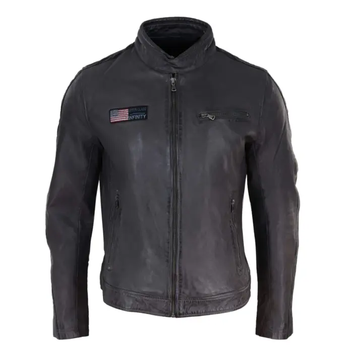 Mens Real Leather Biker Racing Jacket Stripes Zip Retro Casual Grey Yellow Short - Image 1