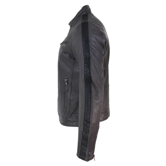 Mens Real Leather Biker Racing Jacket Stripes Zip Retro Casual Grey Yellow Short - Image 4