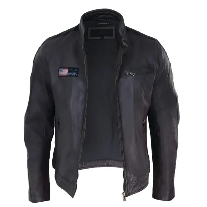 Mens Real Leather Biker Racing Jacket Stripes Zip Retro Casual Grey Yellow Short - Image 5