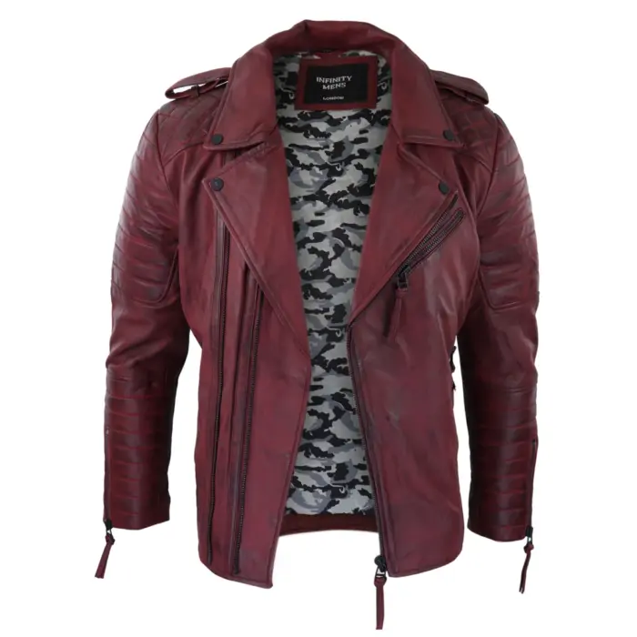 Mens Biker Jacket Cross Zip Black Wine Retro Vintage Tailored Fit Rock Punk - Image 10