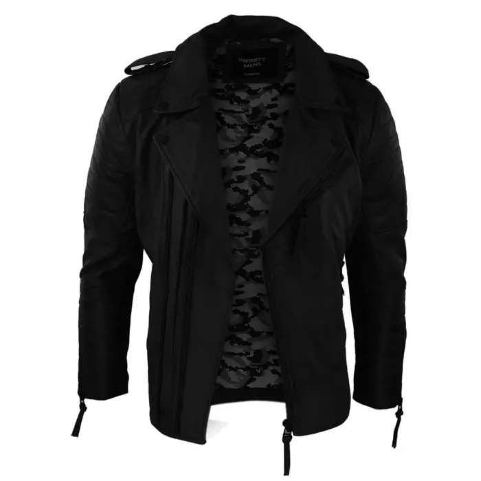 Mens Biker Jacket Cross Zip Black Wine Retro Vintage Tailored Fit Rock Punk - Image 4