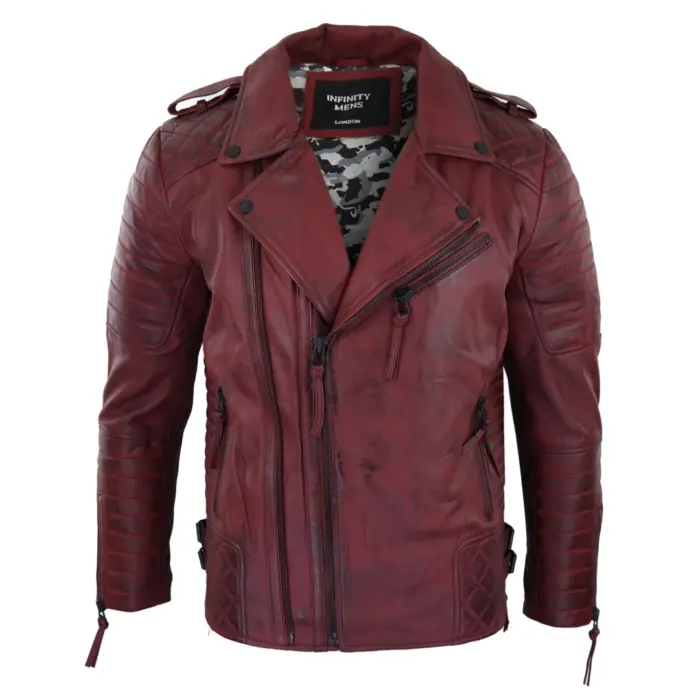 Mens Biker Jacket Cross Zip Black Wine Retro Vintage Tailored Fit Rock Punk - Image 6