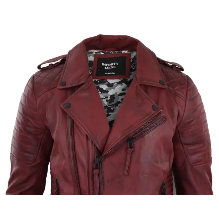 Mens Biker Jacket Cross Zip Black Wine Retro Vintage Tailored Fit Rock Punk - Image 8