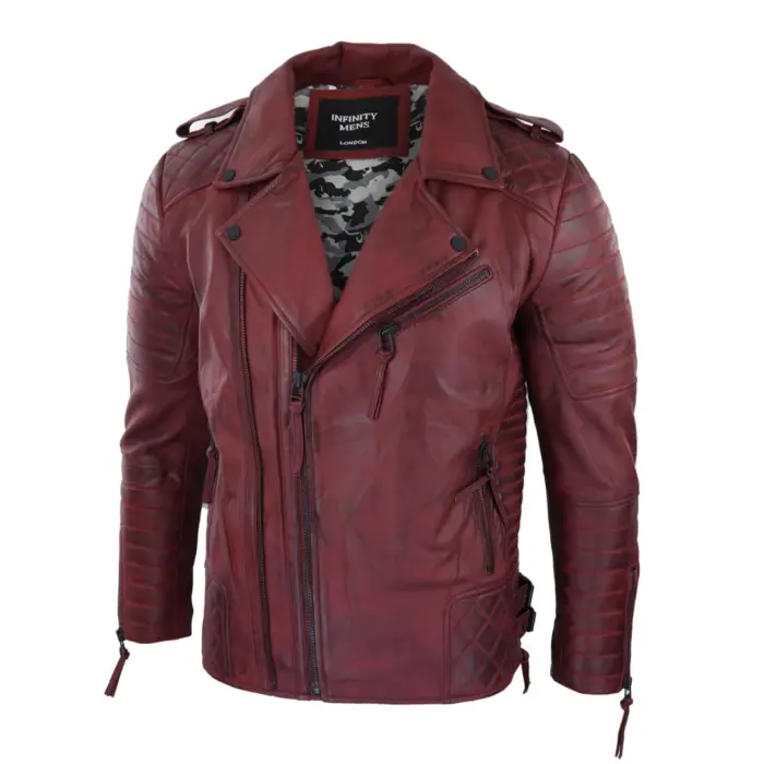 Mens Biker Jacket Cross Zip Black Wine Retro Vintage Tailored Fit Rock Punk - Image 7
