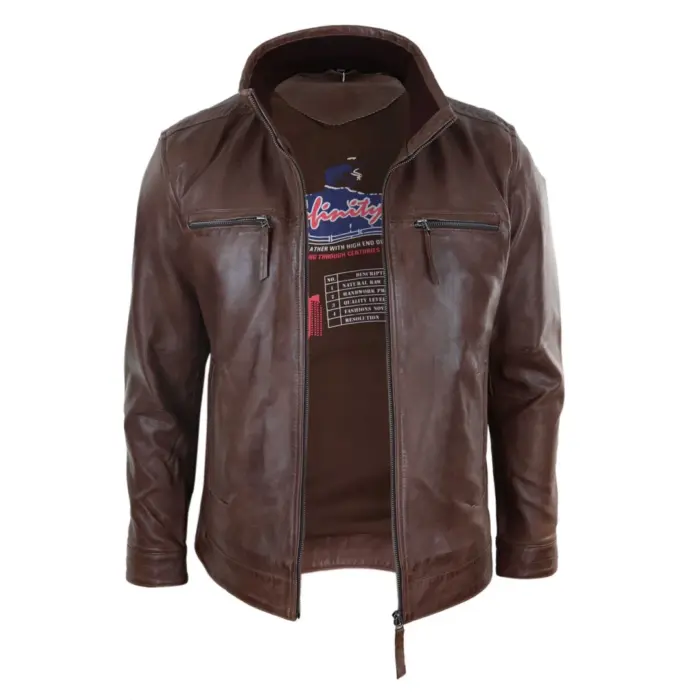 Mens Real Leather Jacket Zipped Biker Style High Collar Smart Casual - Image 3