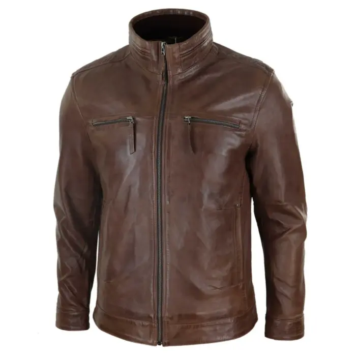 Mens Real Leather Jacket Zipped Biker Style High Collar Smart Casual - Image 2