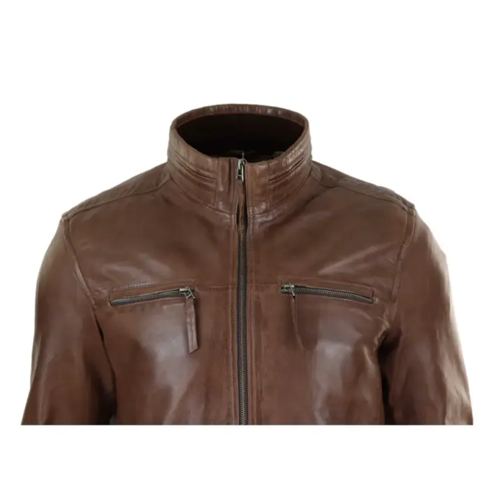 Mens Real Leather Jacket Zipped Biker Style High Collar Smart Casual - Image 4