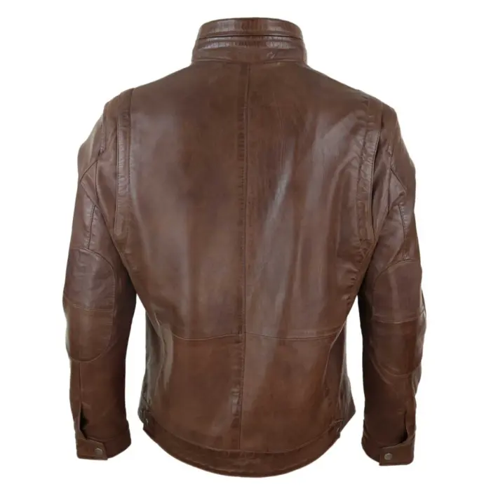 Mens Real Leather Jacket Zipped Biker Style High Collar Smart Casual - Image 5