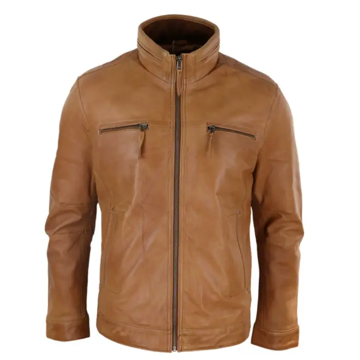 Mens Real Leather Jacket Zipped Biker Style High Collar Smart Casual - Image 6