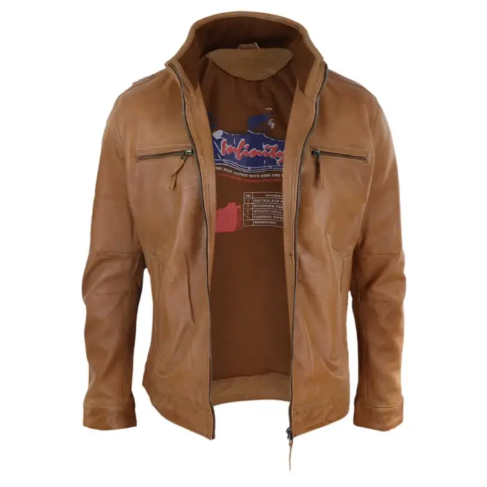 Mens Real Leather Jacket Zipped Biker Style High Collar Smart Casual - Image 8