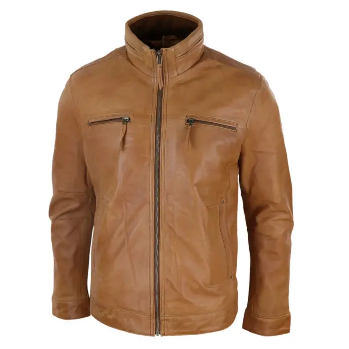 Mens Real Leather Jacket Zipped Biker Style High Collar Smart Casual - Image 7