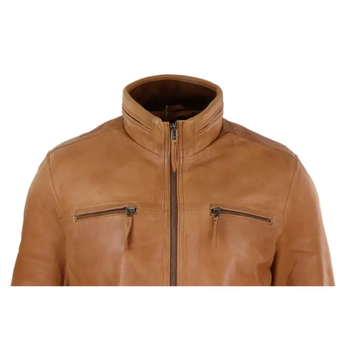 Mens Real Leather Jacket Zipped Biker Style High Collar Smart Casual - Image 9