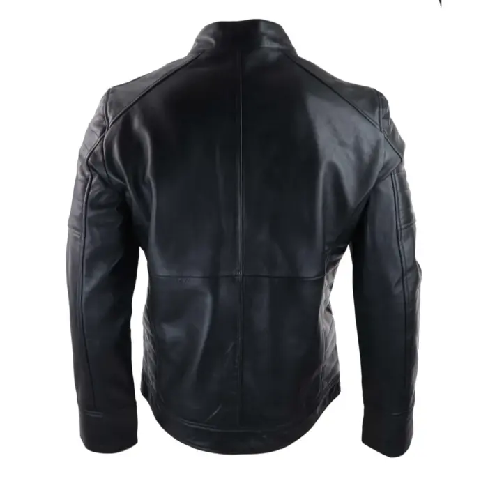 Mens Black Real Leather Jacket Short Zipped Biker Style Classic Vintage Retro - Image 7