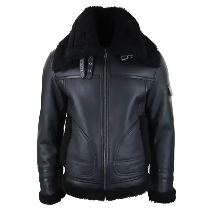 Mens Shearling Sheepskin Coat Zipped Flying Jacket Black Winter Warm Fur - Image 1
