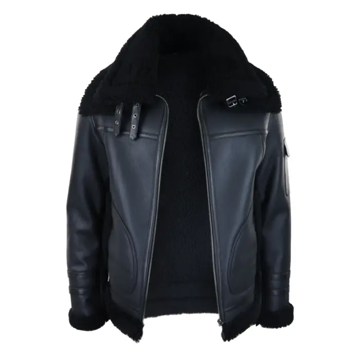 Mens Shearling Sheepskin Coat Zipped Flying Jacket Black Winter Warm Fur - Image 3