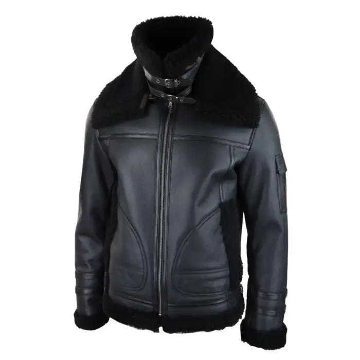 Mens Shearling Sheepskin Coat Zipped Flying Jacket Black Winter Warm Fur - Image 4