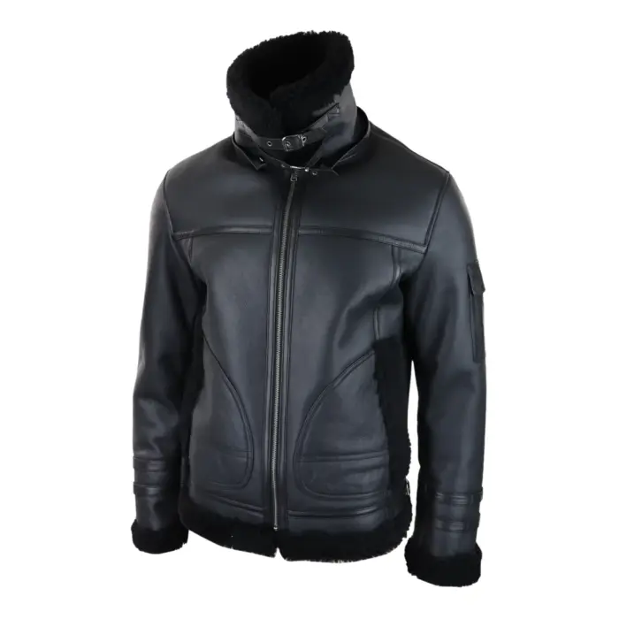 Mens Shearling Sheepskin Coat Zipped Flying Jacket Black Winter Warm Fur - Image 5