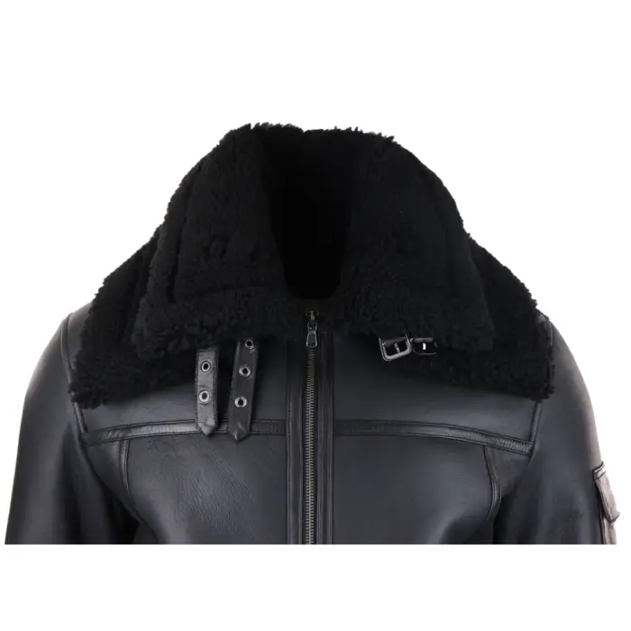 Mens Shearling Sheepskin Coat Zipped Flying Jacket Black Winter Warm Fur - Image 6