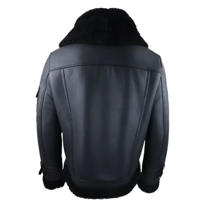 Mens Shearling Sheepskin Coat Zipped Flying Jacket Black Winter Warm Fur - Image 7