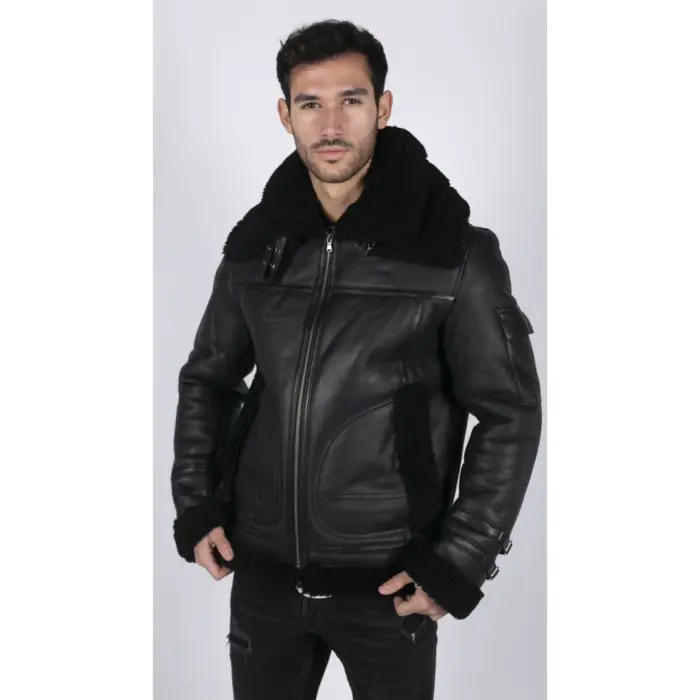 Mens Shearling Sheepskin Coat Zipped Flying Jacket Black Winter Warm Fur - Image 2
