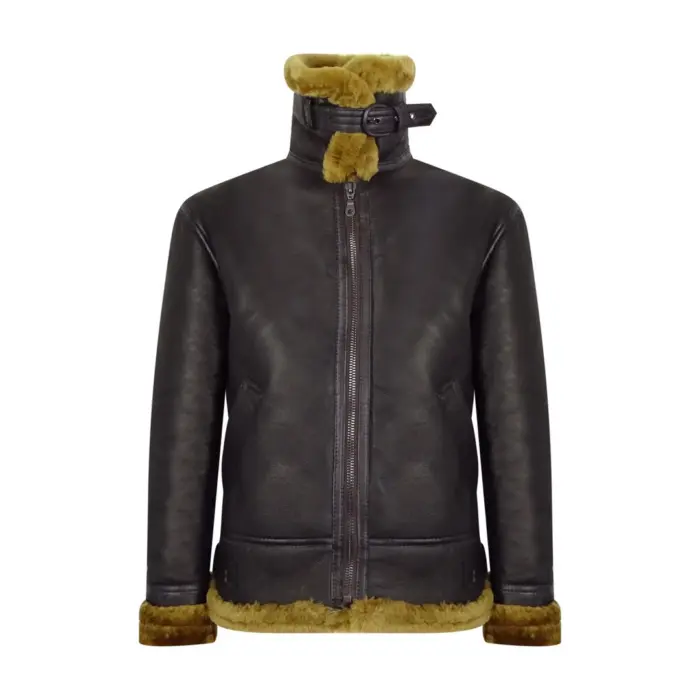 Mens Vintage Brown Real Sheepskin Zip Flying Jacket Pilot Flight Ginger Cream - Image 10