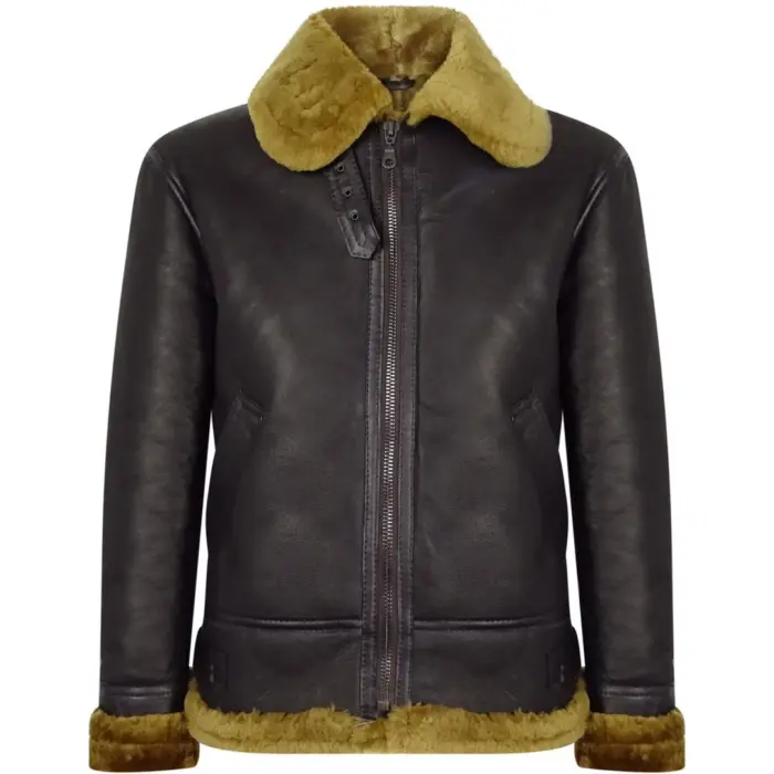 Mens Vintage Brown Real Sheepskin Zip Flying Jacket Pilot Flight Ginger Cream - Image 8