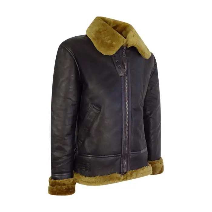 Mens Vintage Brown Real Sheepskin Zip Flying Jacket Pilot Flight Ginger Cream - Image 9