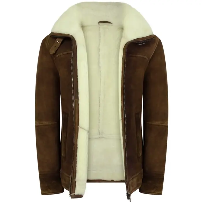 Mens Real Sherling Sheepskin Suede Jacket Brown Tan Vintage Zip Flying Pilot WW2 - Image 3