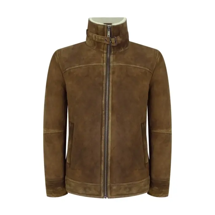 Mens Real Sherling Sheepskin Suede Jacket Brown Tan Vintage Zip Flying Pilot WW2 - Image 2