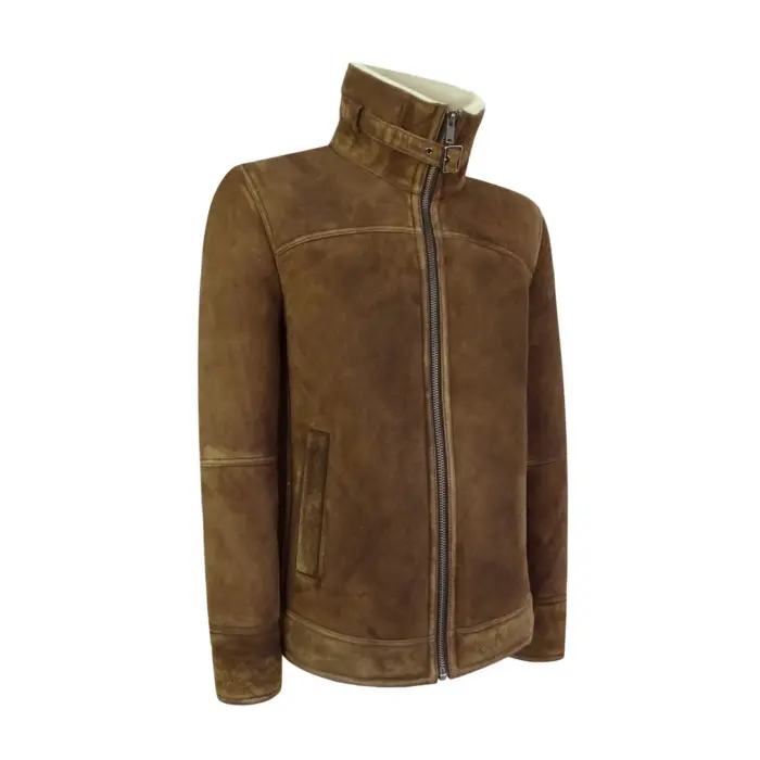 Mens Real Sherling Sheepskin Suede Jacket Brown Tan Vintage Zip Flying Pilot WW2 - Image 4
