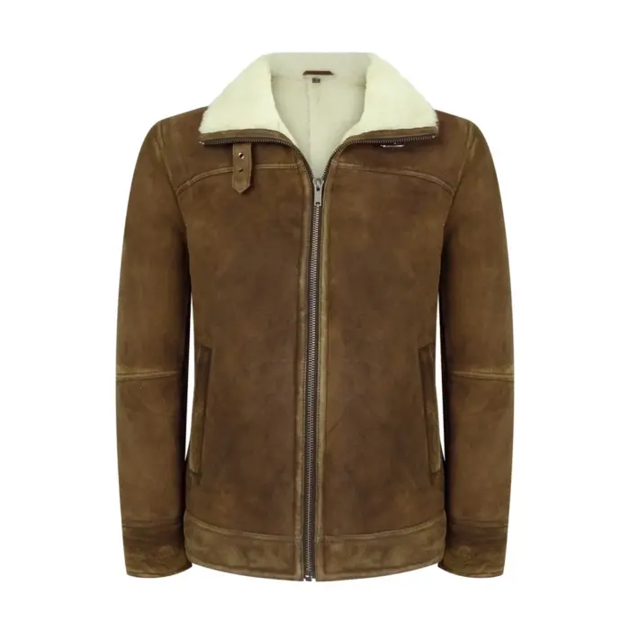 Mens Real Sherling Sheepskin Suede Jacket Brown Tan Vintage Zip Flying Pilot WW2 - Image 1