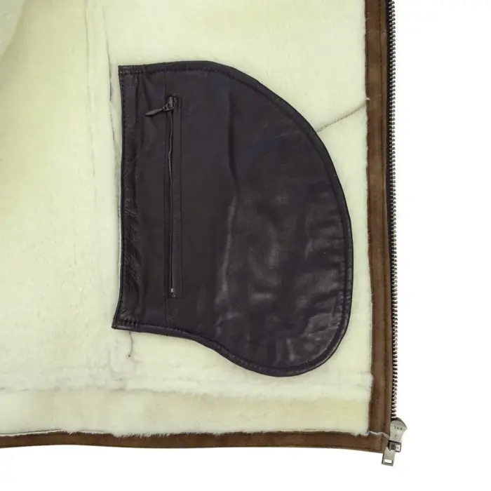 Mens Real Sherling Sheepskin Suede Jacket Brown Tan Vintage Zip Flying Pilot WW2 - Image 5