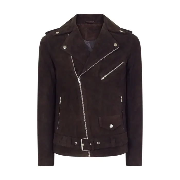 Mens Slim Fit Cross Zip Vintage Brando Washed Real SuedeJacket Brown Tan Camel - Image 1