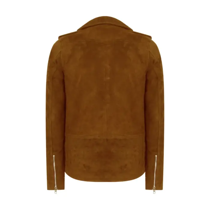 Mens Slim Fit Cross Zip Vintage Brando Washed Real SuedeJacket Brown Tan Camel - Image 12