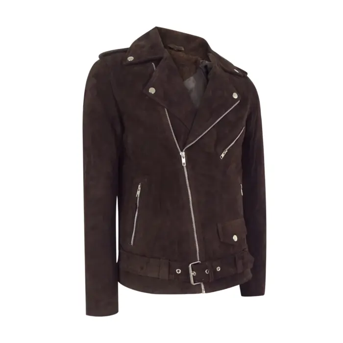 Mens Slim Fit Cross Zip Vintage Brando Washed Real SuedeJacket Brown Tan Camel - Image 2