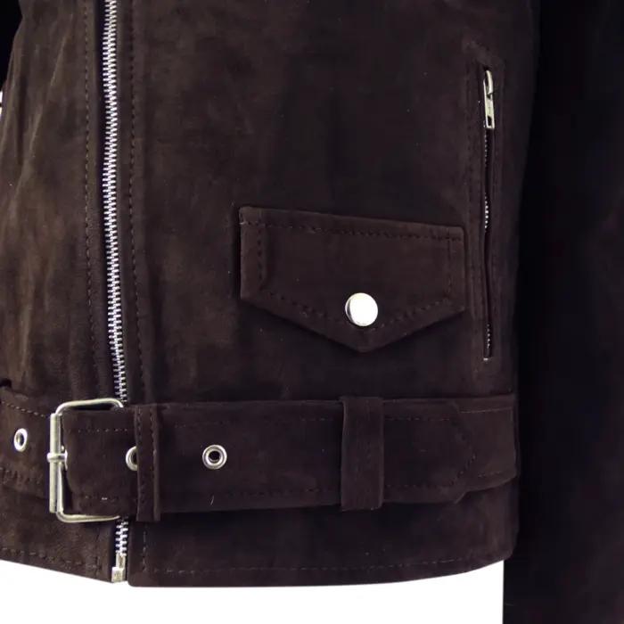 Mens Slim Fit Cross Zip Vintage Brando Washed Real SuedeJacket Brown Tan Camel - Image 3