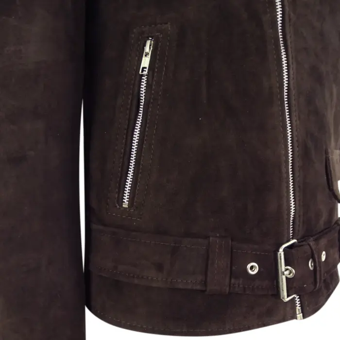 Mens Slim Fit Cross Zip Vintage Brando Washed Real SuedeJacket Brown Tan Camel - Image 4