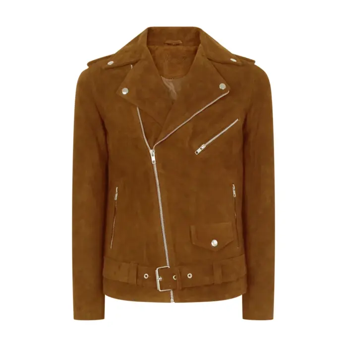 Mens Slim Fit Cross Zip Vintage Brando Washed Real SuedeJacket Brown Tan Camel - Image 7