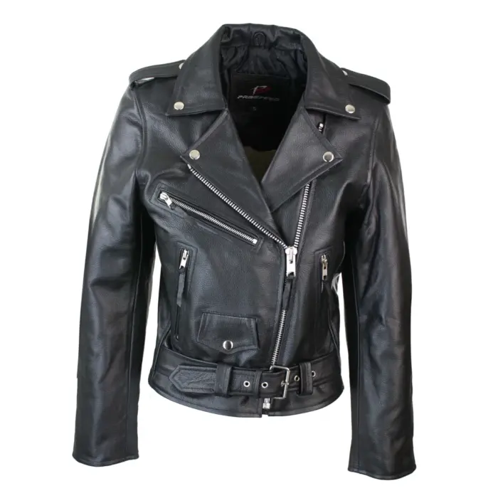Brando Ladies Women Black Red White Classic Biker Motorcycle Motorbike Hide Leather Jacket - Image 1