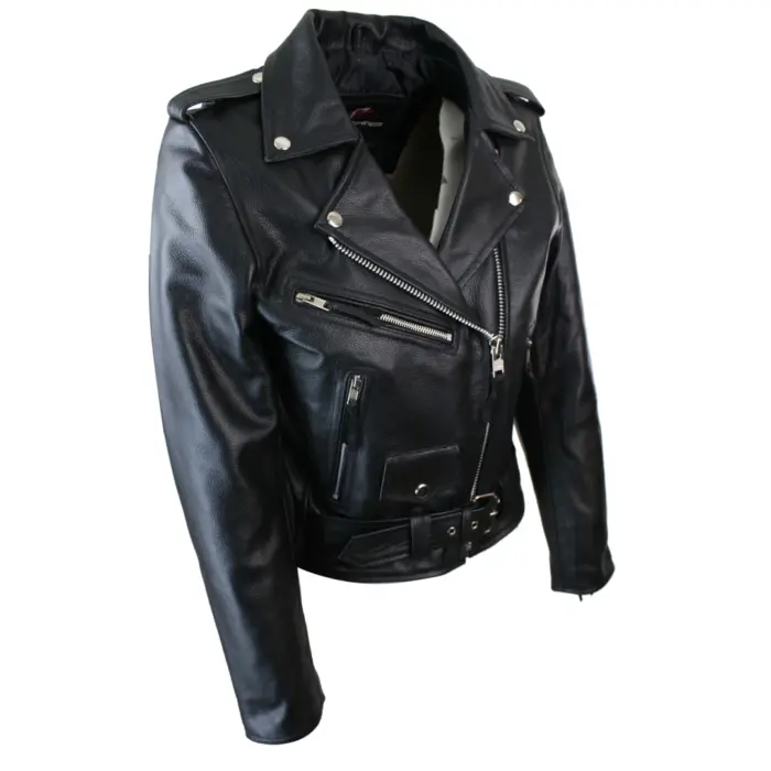 Brando Ladies Women Black Red White Classic Biker Motorcycle Motorbike Hide Leather Jacket - Image 2