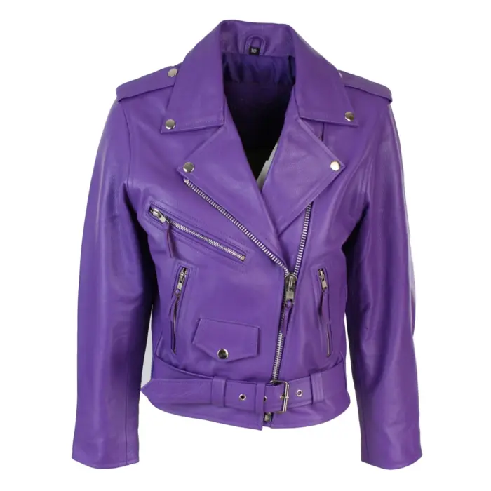 Brando Ladies Women Black Red White Classic Biker Motorcycle Motorbike Hide Leather Jacket - Image 13